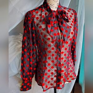 🚫SOLD🚫NWT-UNIQUE VINTAGE sheer black tie neck blouse red dots
